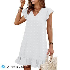 V-Neck Smock Dress Ruffle Hem Casual Beach Wear Loose Fit Summer